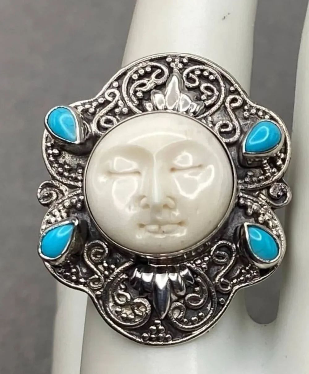 NWT STS Signed 925SS Carved Bone & Sleeping Turquoise Goddess Ring Sz 8/8.5